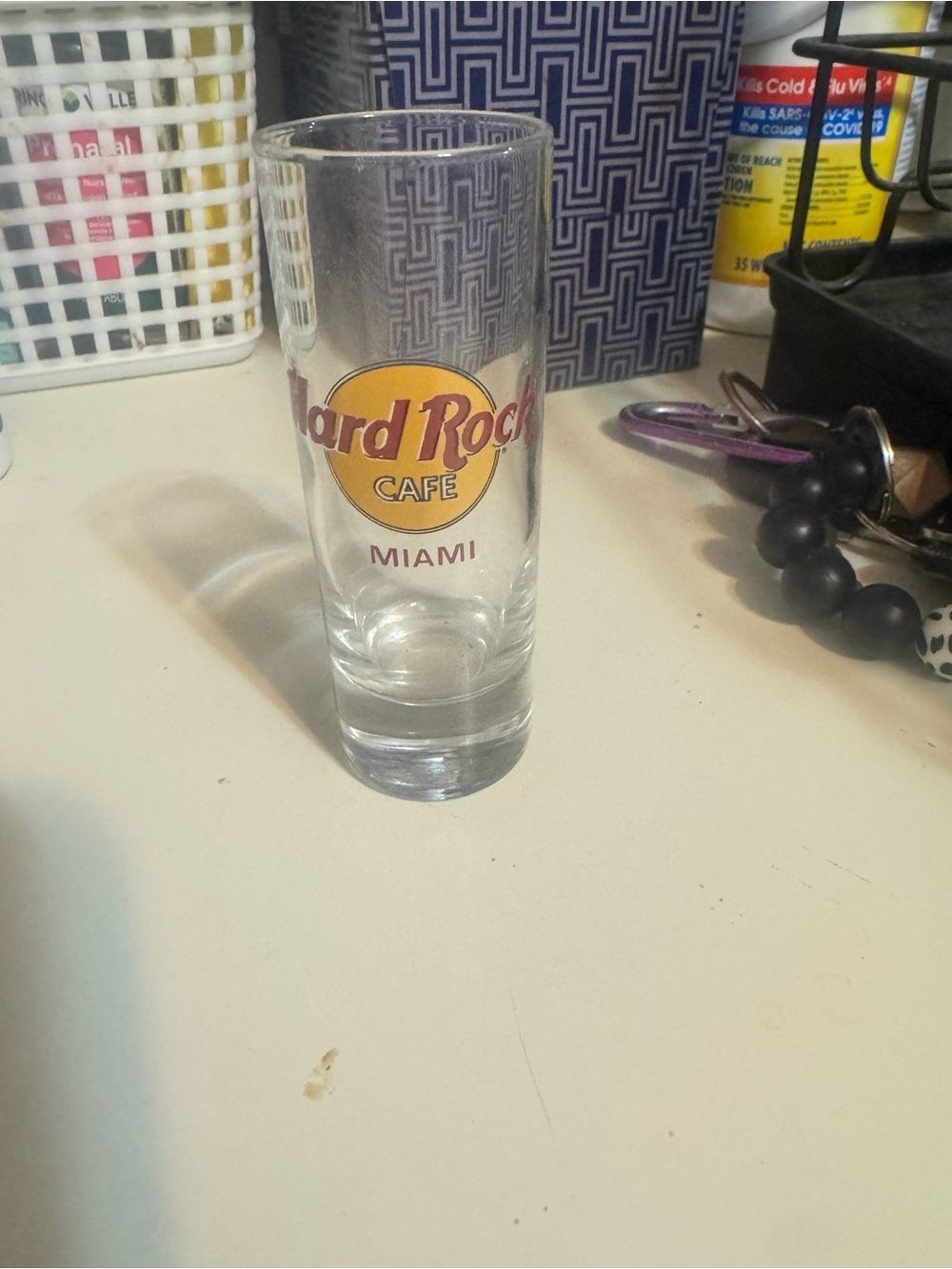 Hard Rock Cafe Miami Clear Shot Glass with Yellow and Red Logo